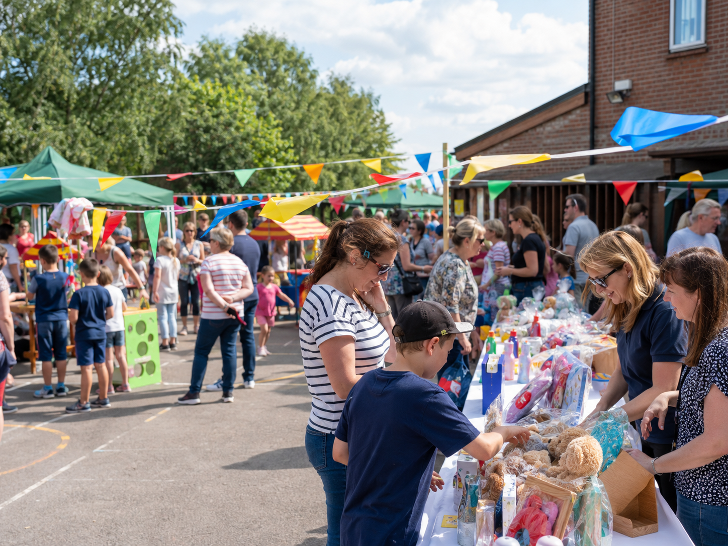 A busy school fair with parents and children having fun