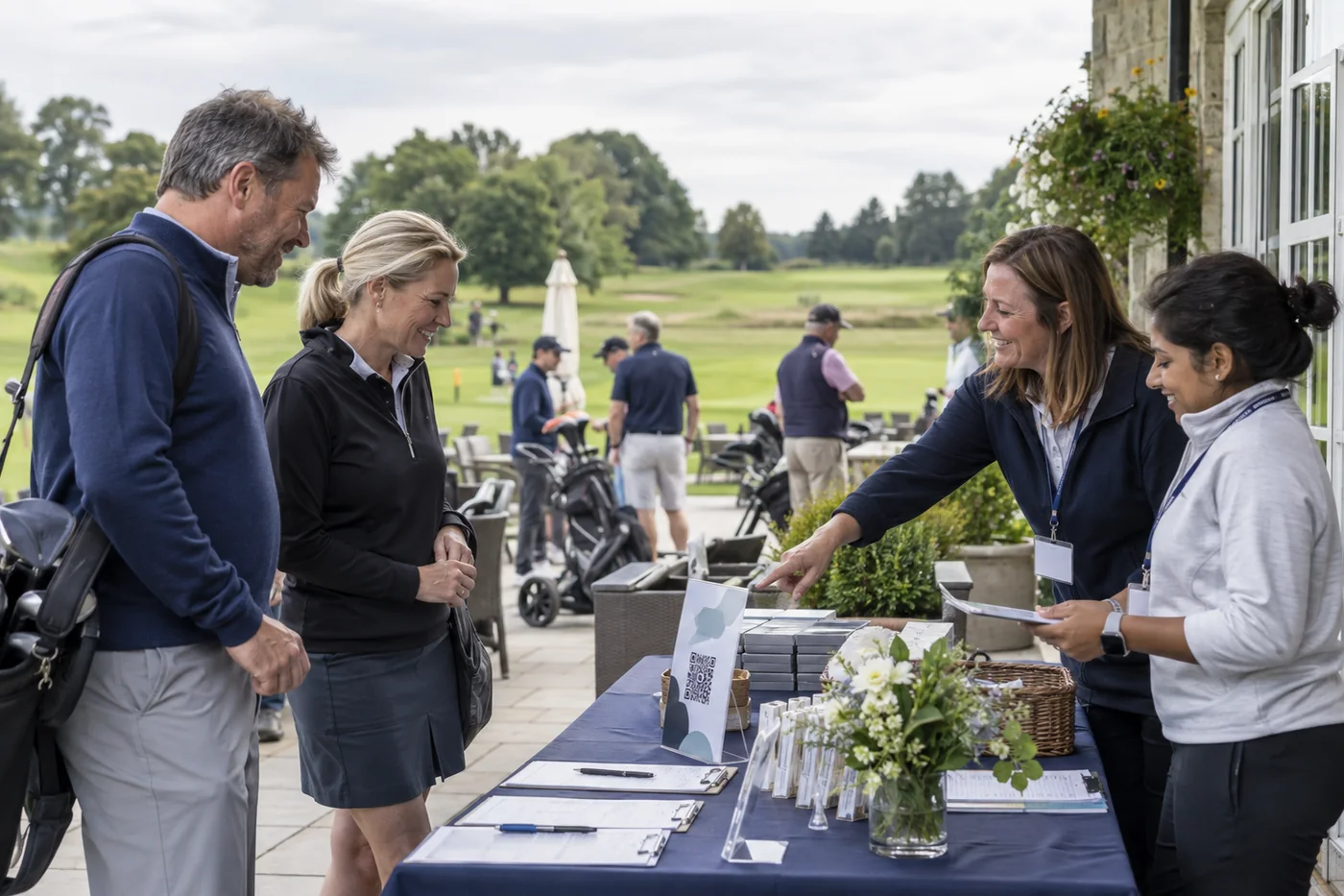 Golfers arriving at a charity golf day registration table with an auction QR code