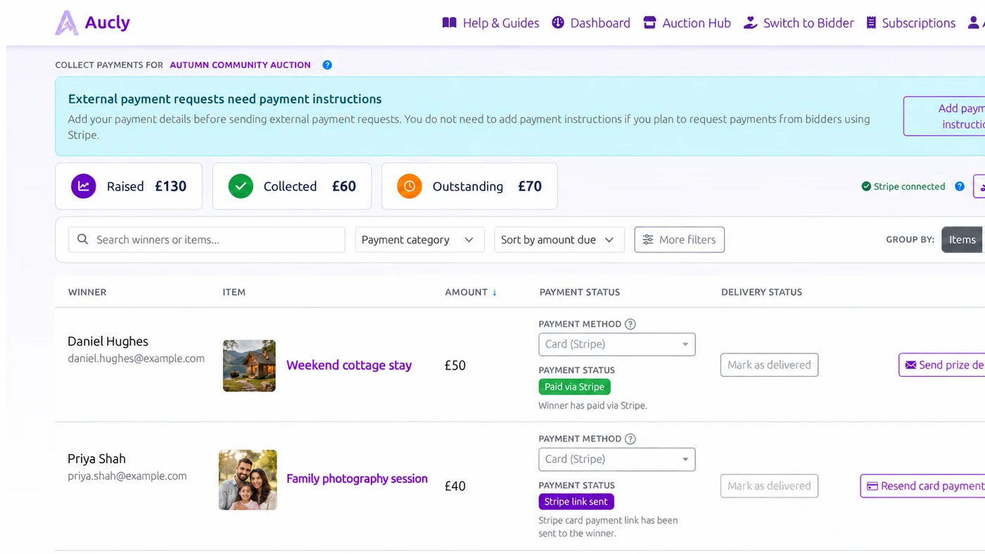 Aucly Collect Payments page showing realistic winners, prizes and payment statuses