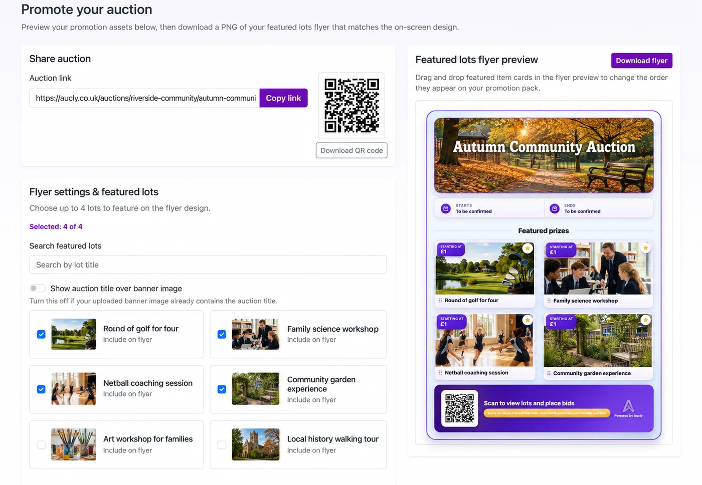 Aucly Promotion Pack showing an auction QR code and a flyer with four pictured prizes