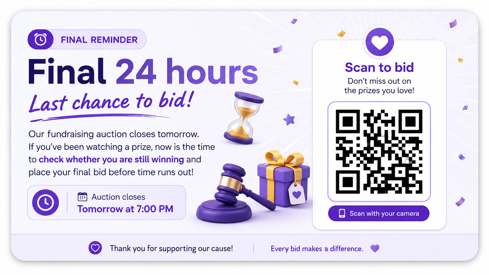 Final 24-hour auction reminder graphic with a QR code and call to bid before the auction closes