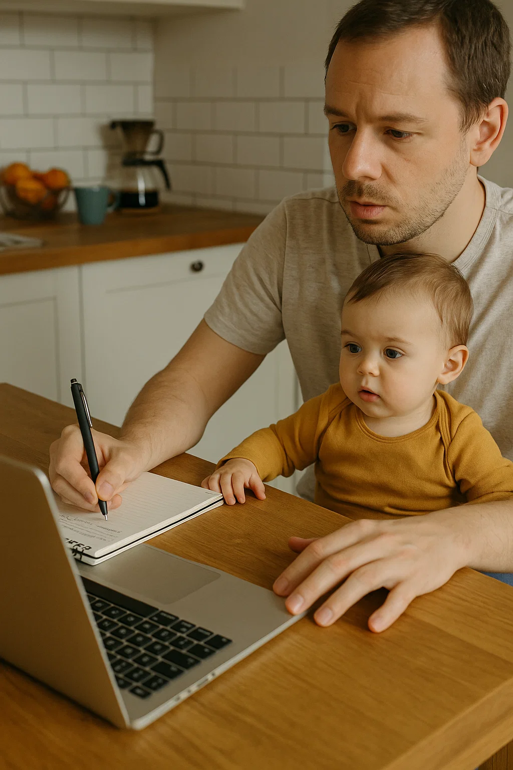 A busy parent multitasking with a laptop, phone, and to-do list
