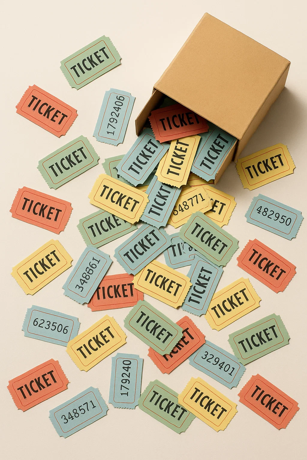 A stack of colourful raffle tickets with winning numbers