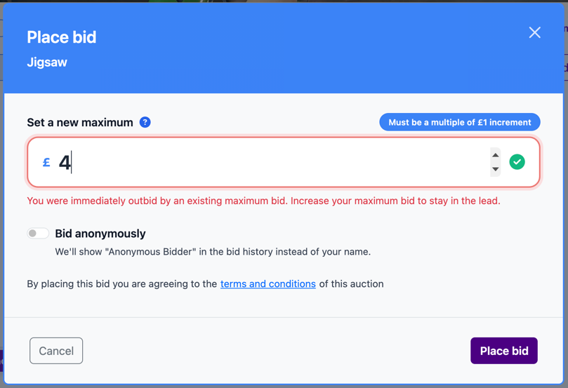 Proxy bidding message showing a bidder immediately outbid by another maximum bid