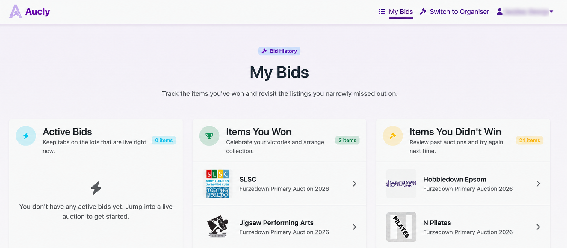 My Bids page showing a bidder's active and past auction bids