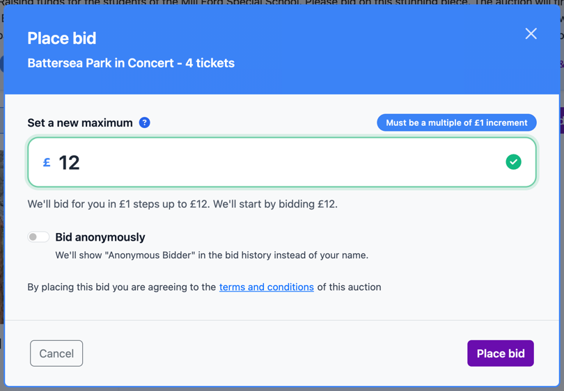 Place bid modal showing the current bid, minimum bid, and maximum bid amount field