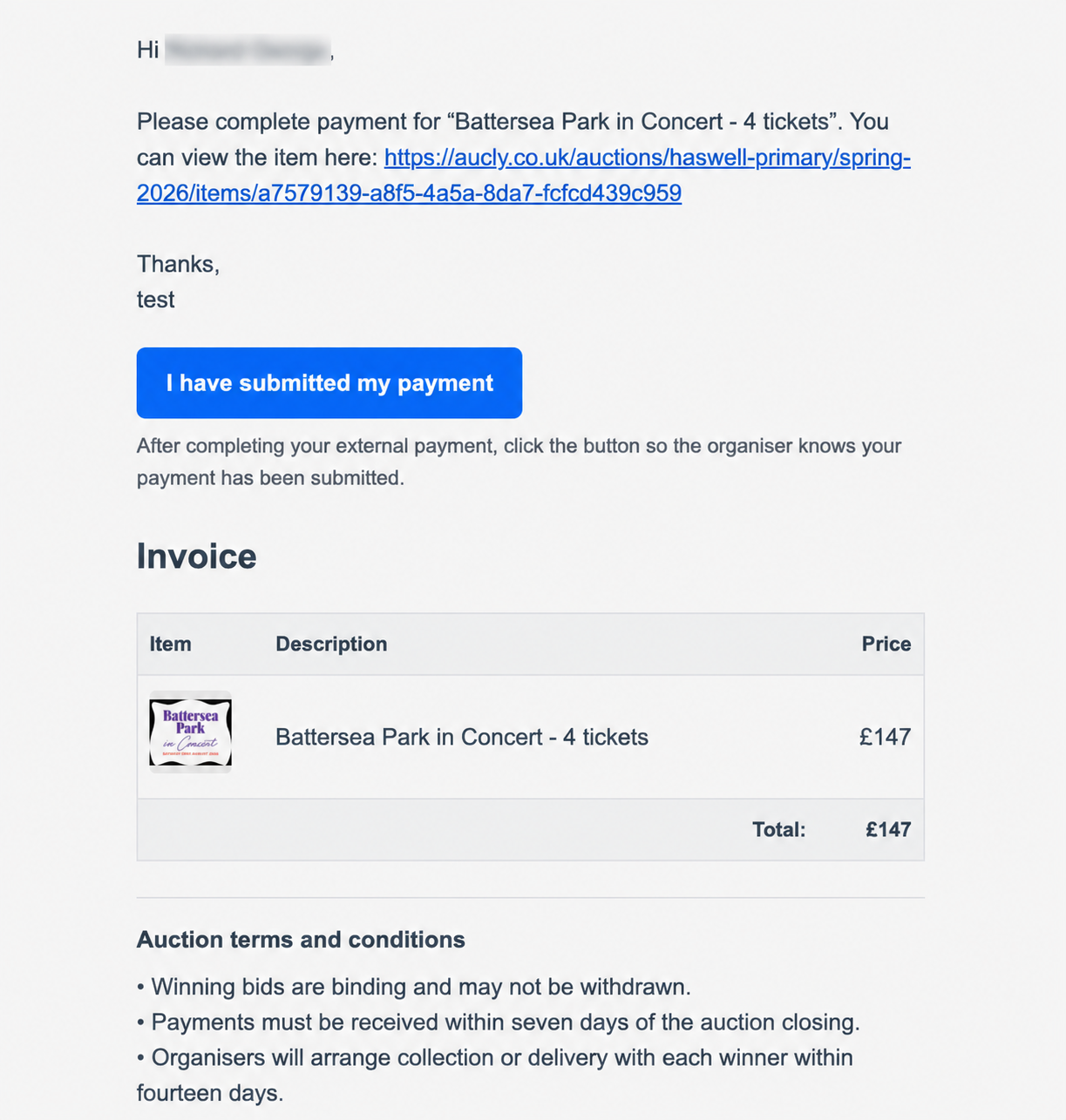 Winner payment email showing item payment instructions and the submitted-payment button