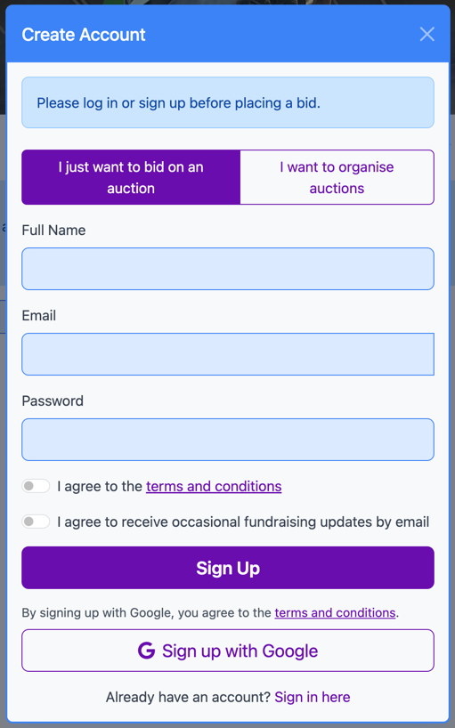 Sign-up modal shown when a bidder starts bidding without being signed in
