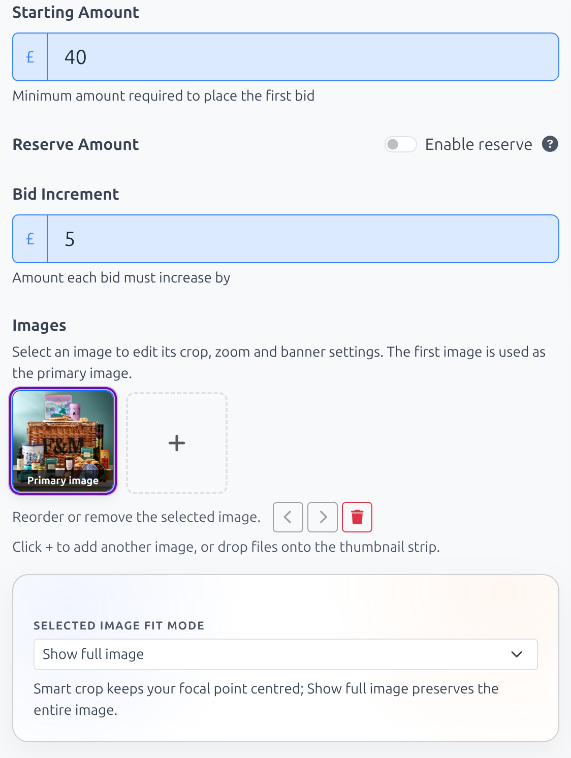 Add Auction Item controls showing a £40 starting amount, £5 bid increment, hamper image and Show full image fit mode