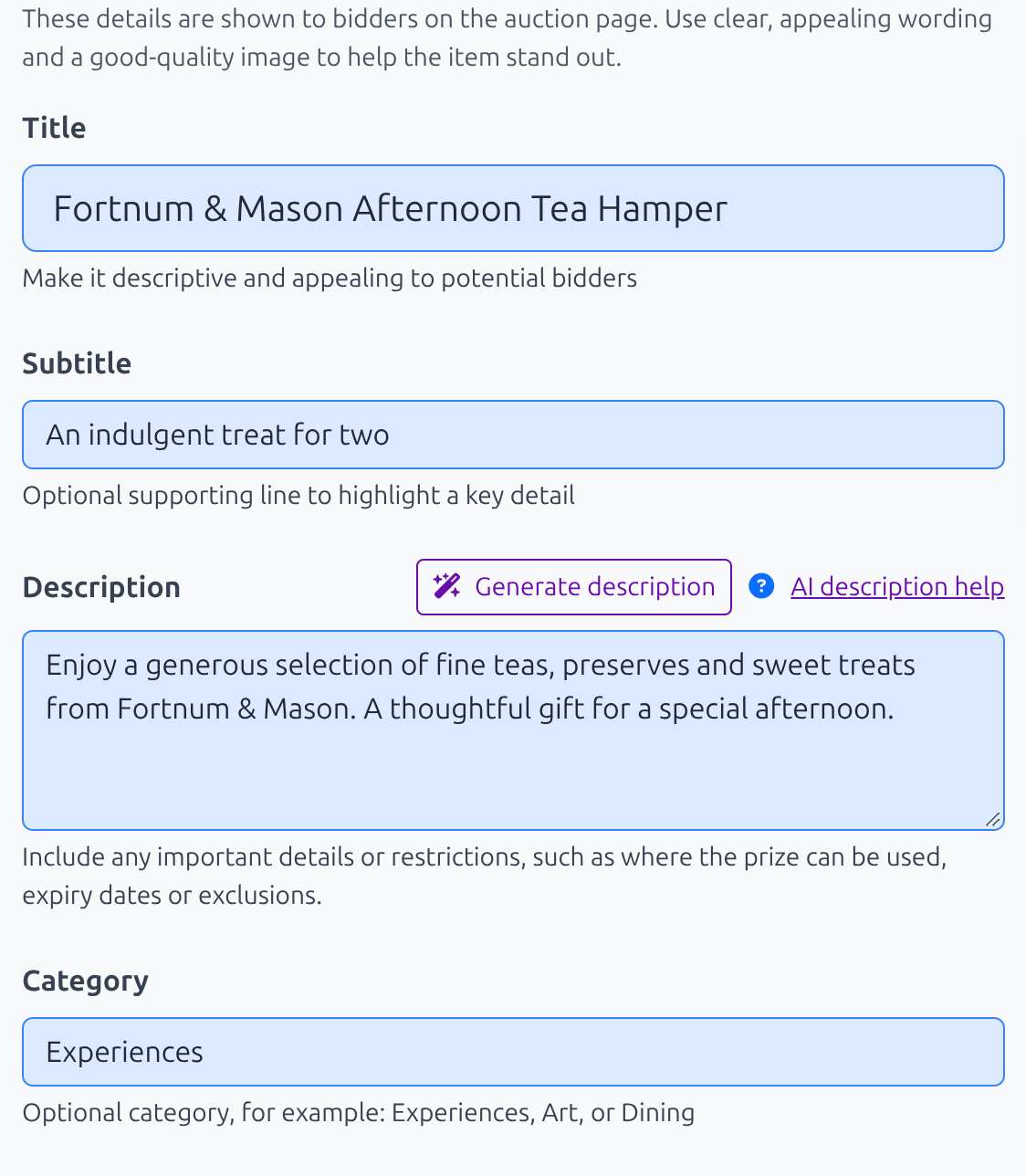 Add Auction Item form with Fortnum & Mason hamper details, including title, subtitle, description and category