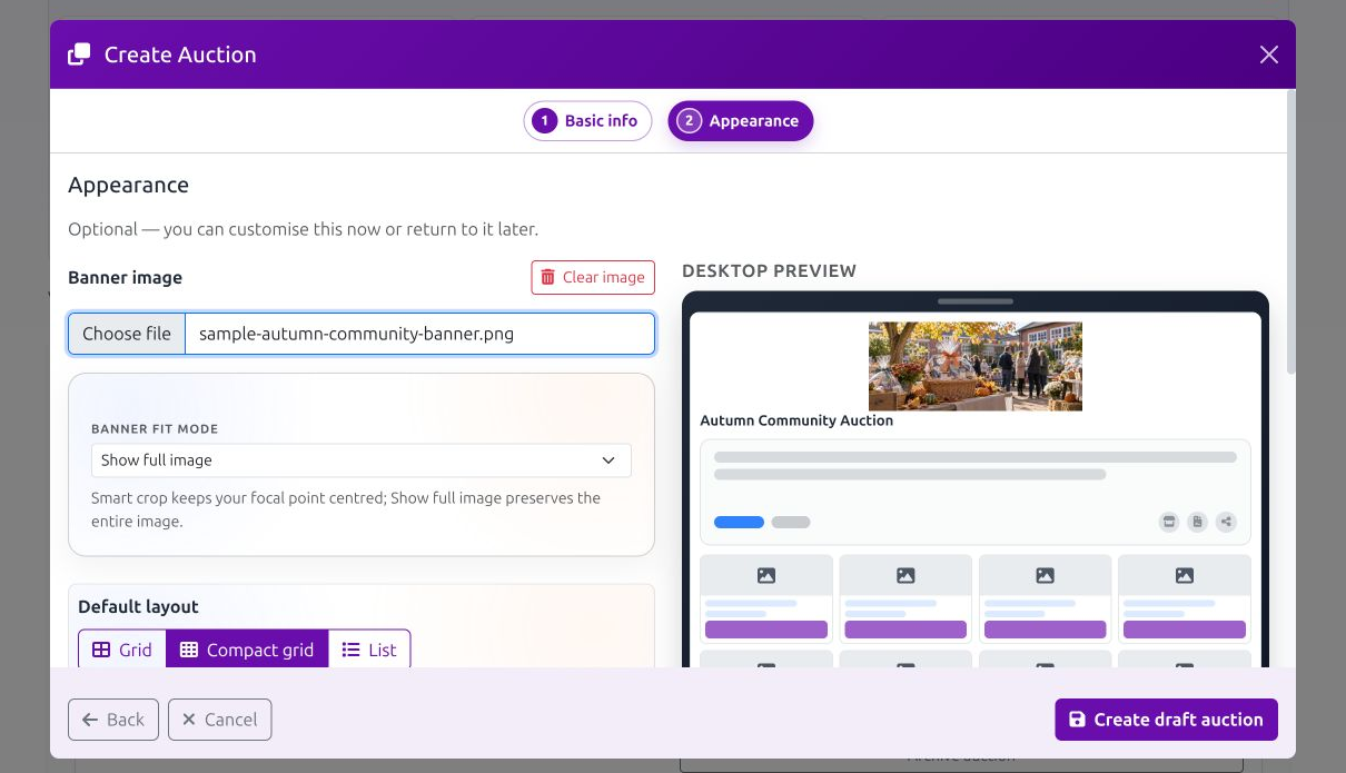 Appearance step using Show full image to preserve the complete banner