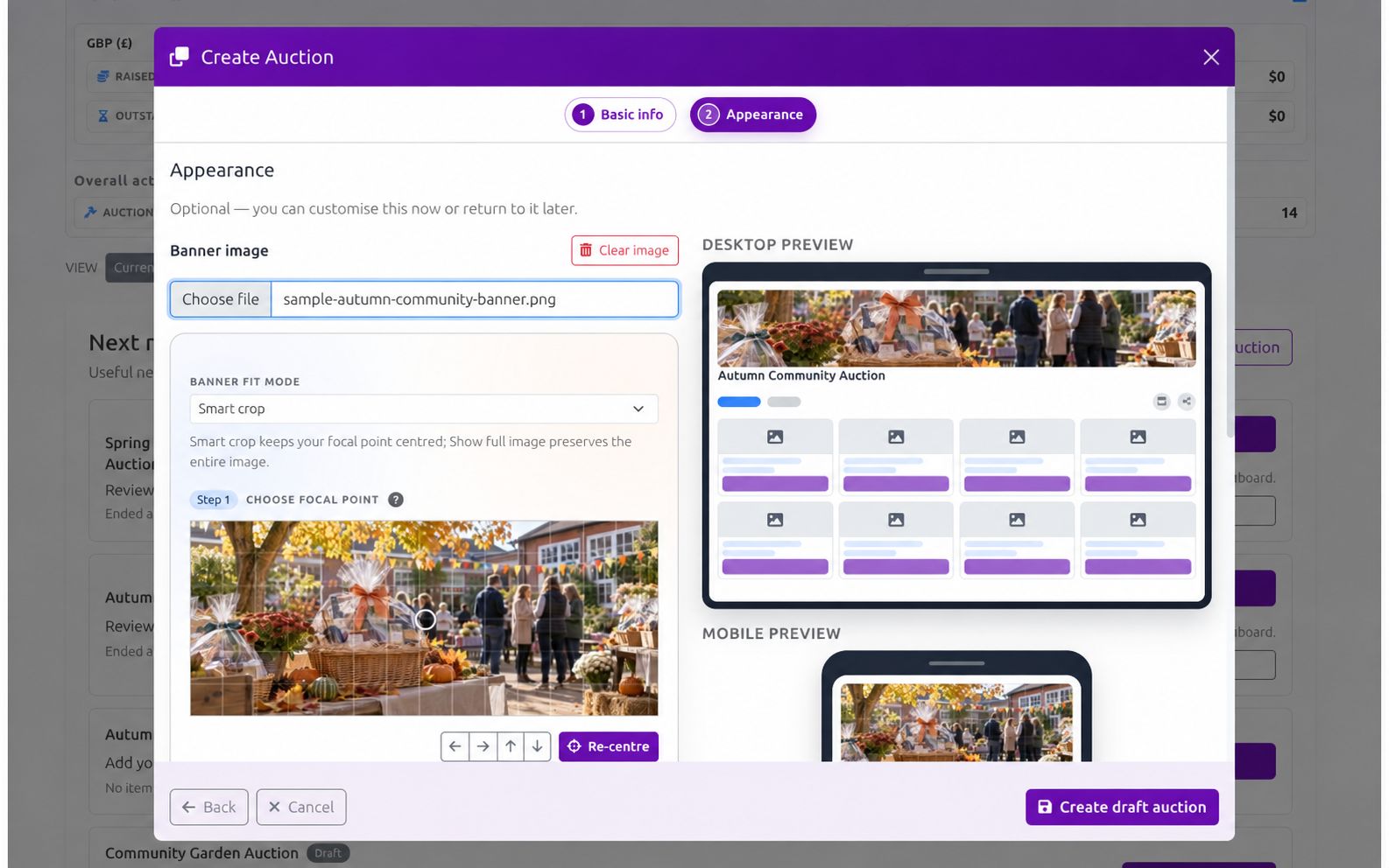 Appearance step using Smart crop with a focal point and desktop preview