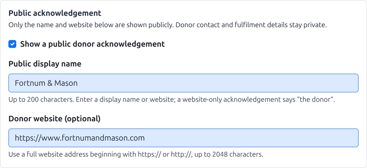 Prize admin tab showing public acknowledgement enabled for Fortnum & Mason with its website and private contact details kept separate