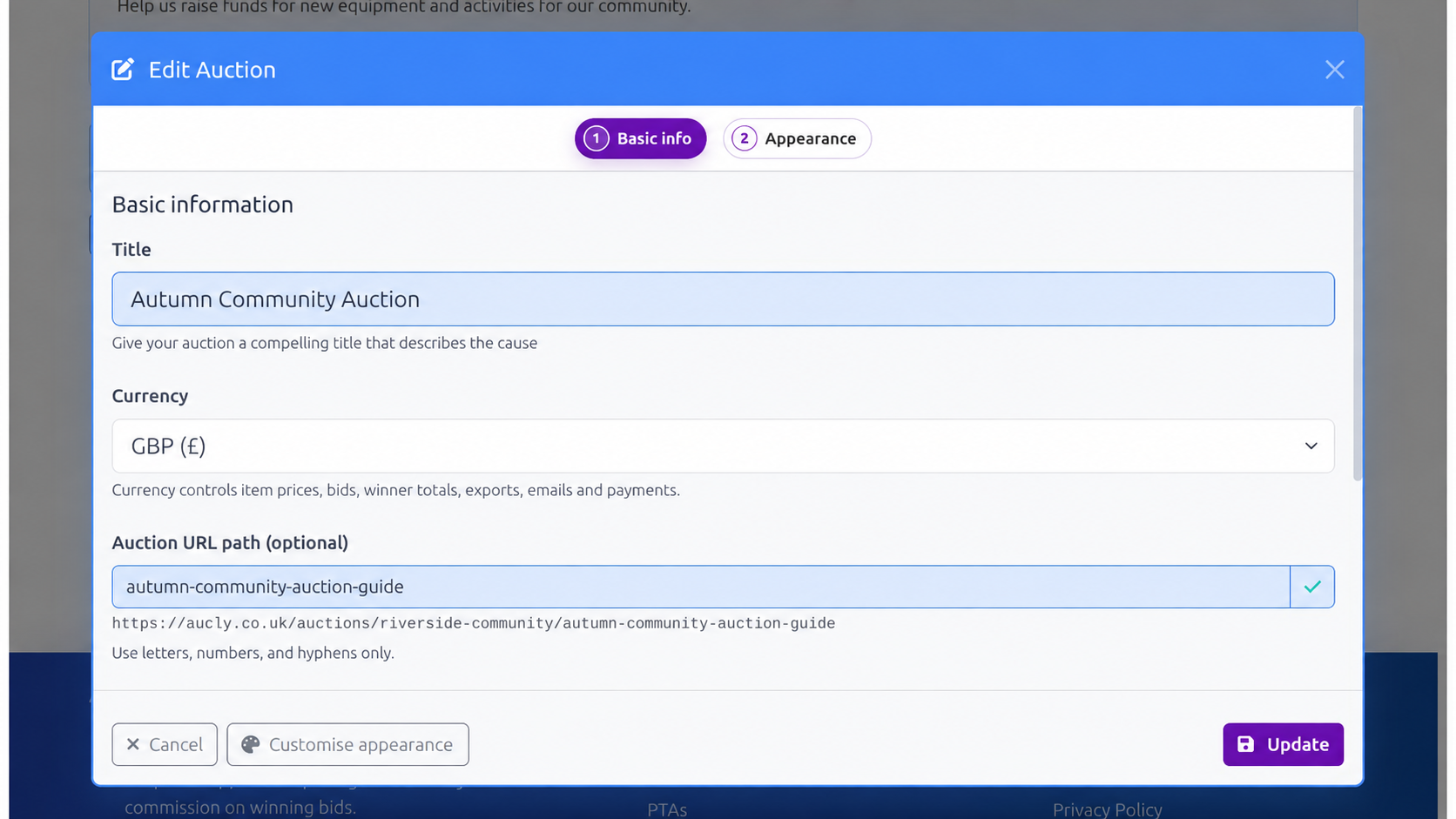 Create Auction Basic info step filled with a title, currency, URL path and description