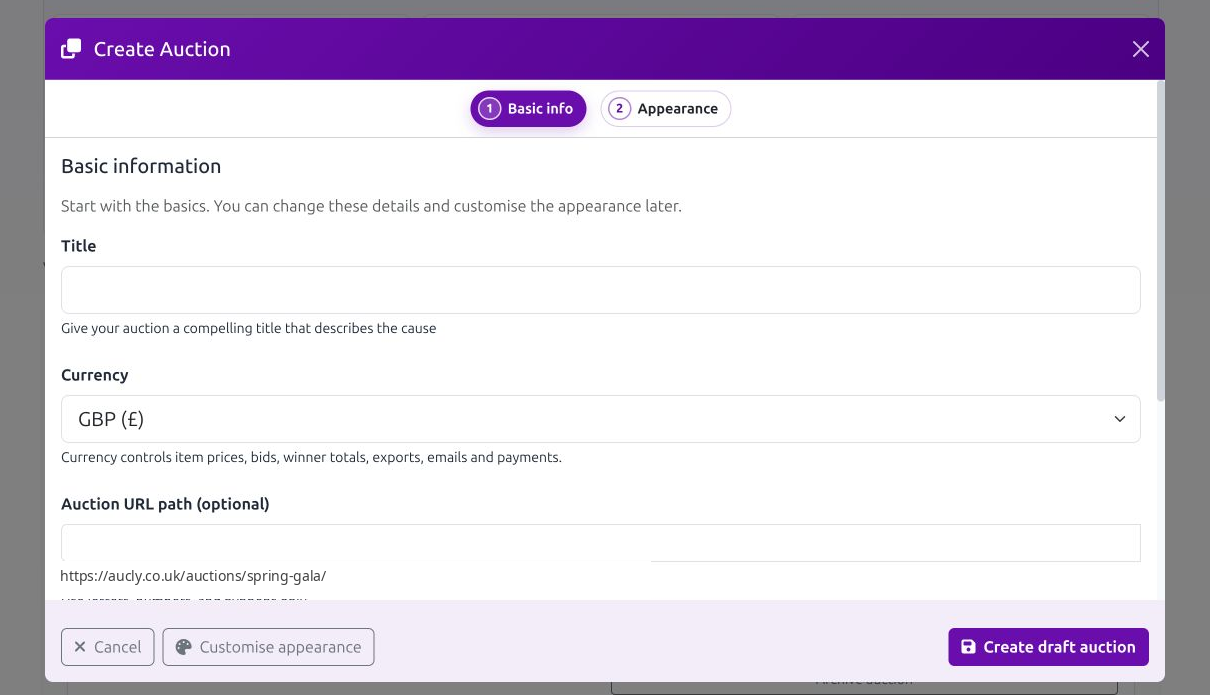 Create Auction modal showing the Basic info and Appearance steps, currency choice and Create draft auction button