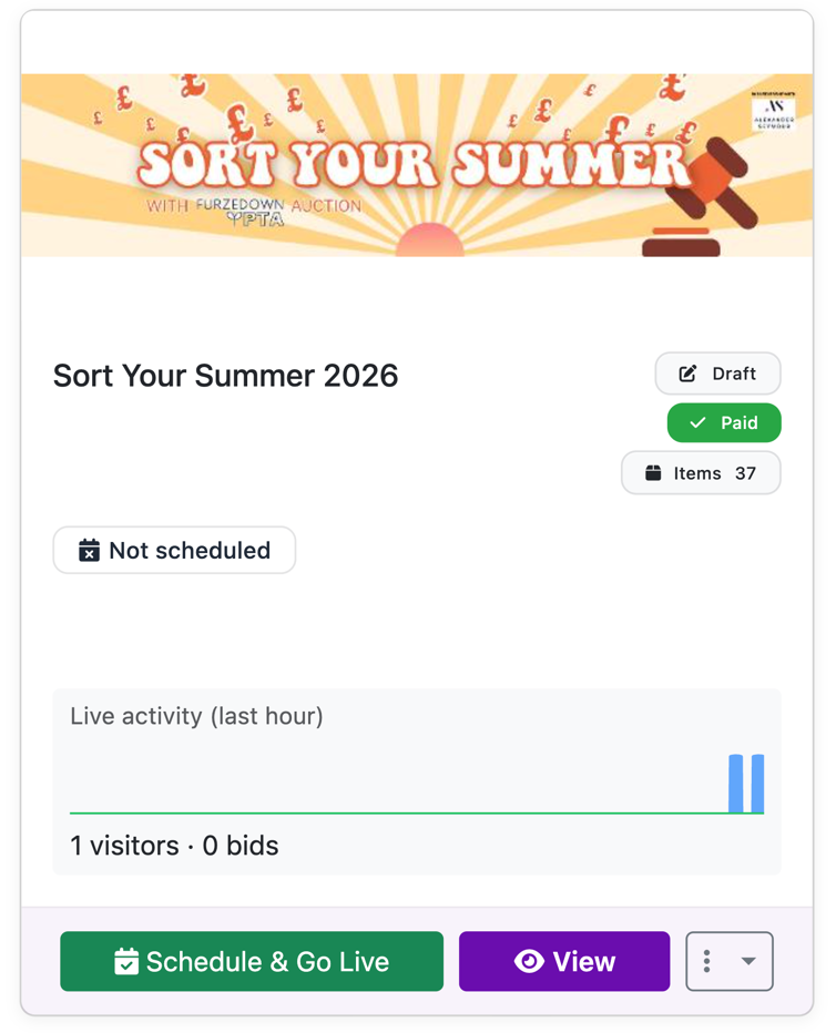 Organiser dashboard overview showing setup progress, promotion, and winner close-out actions