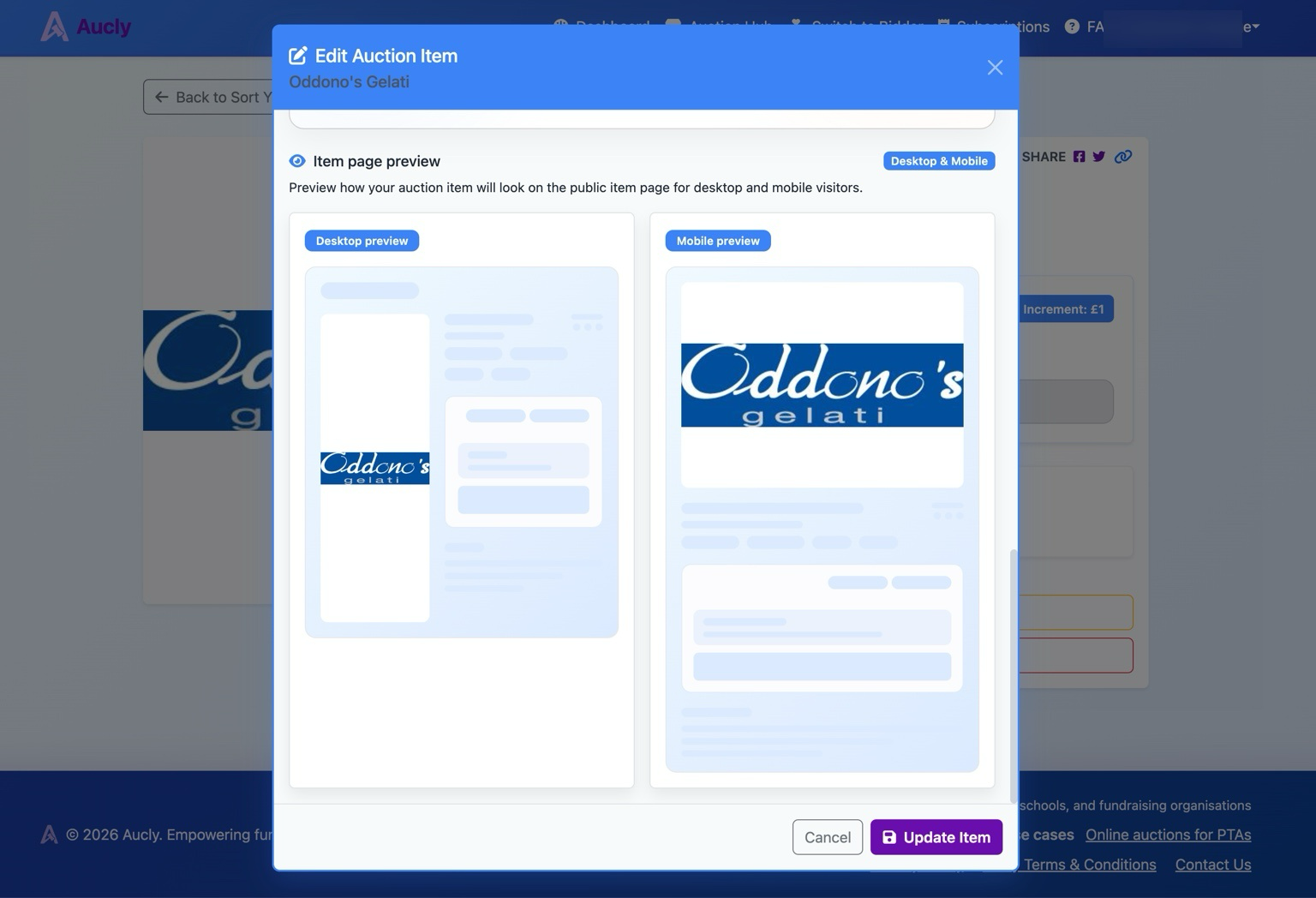 Edit auction modal used while reviewing auction content before adding and checking lots