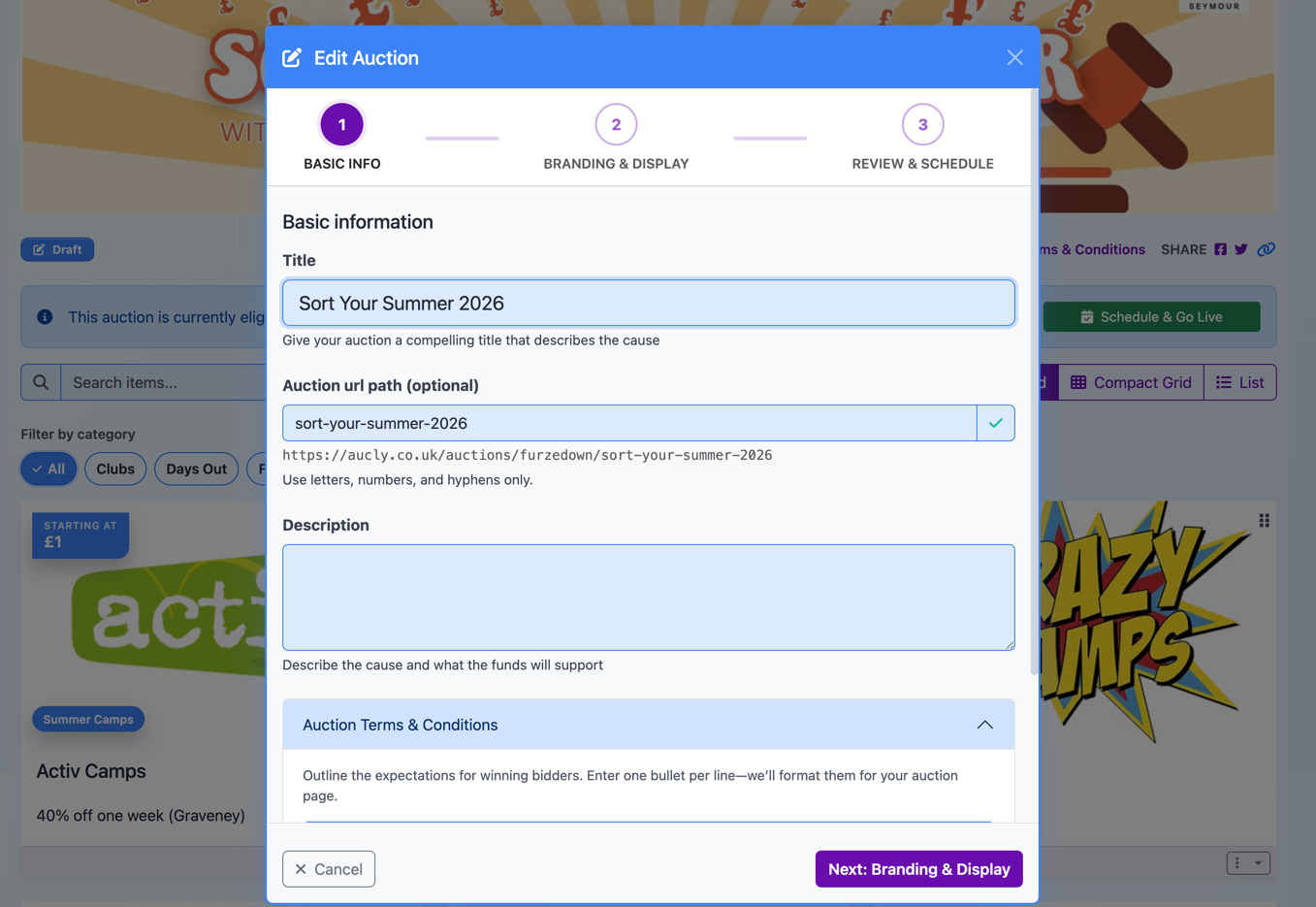 Edit auction modal showing the main auction details fields and preview action