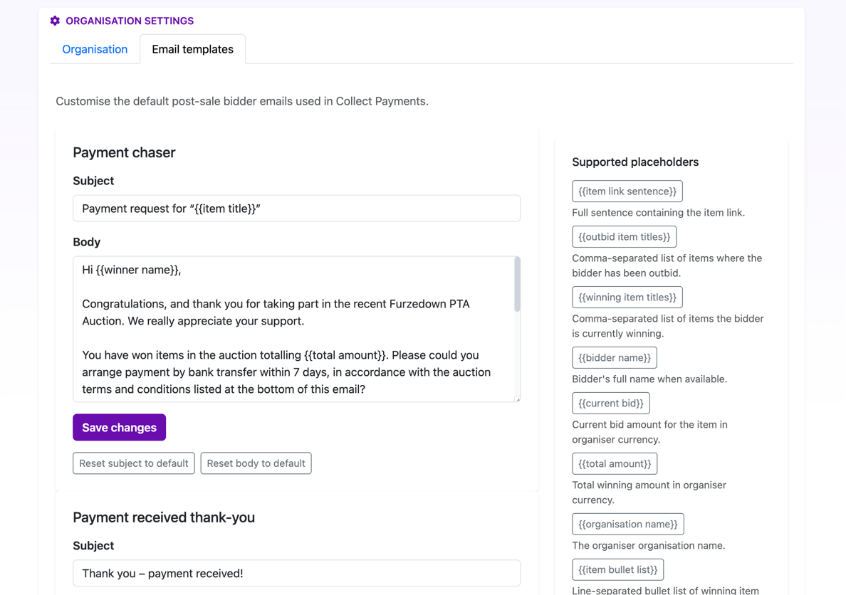 Email template editor showing editable winner payment wording and supported placeholders