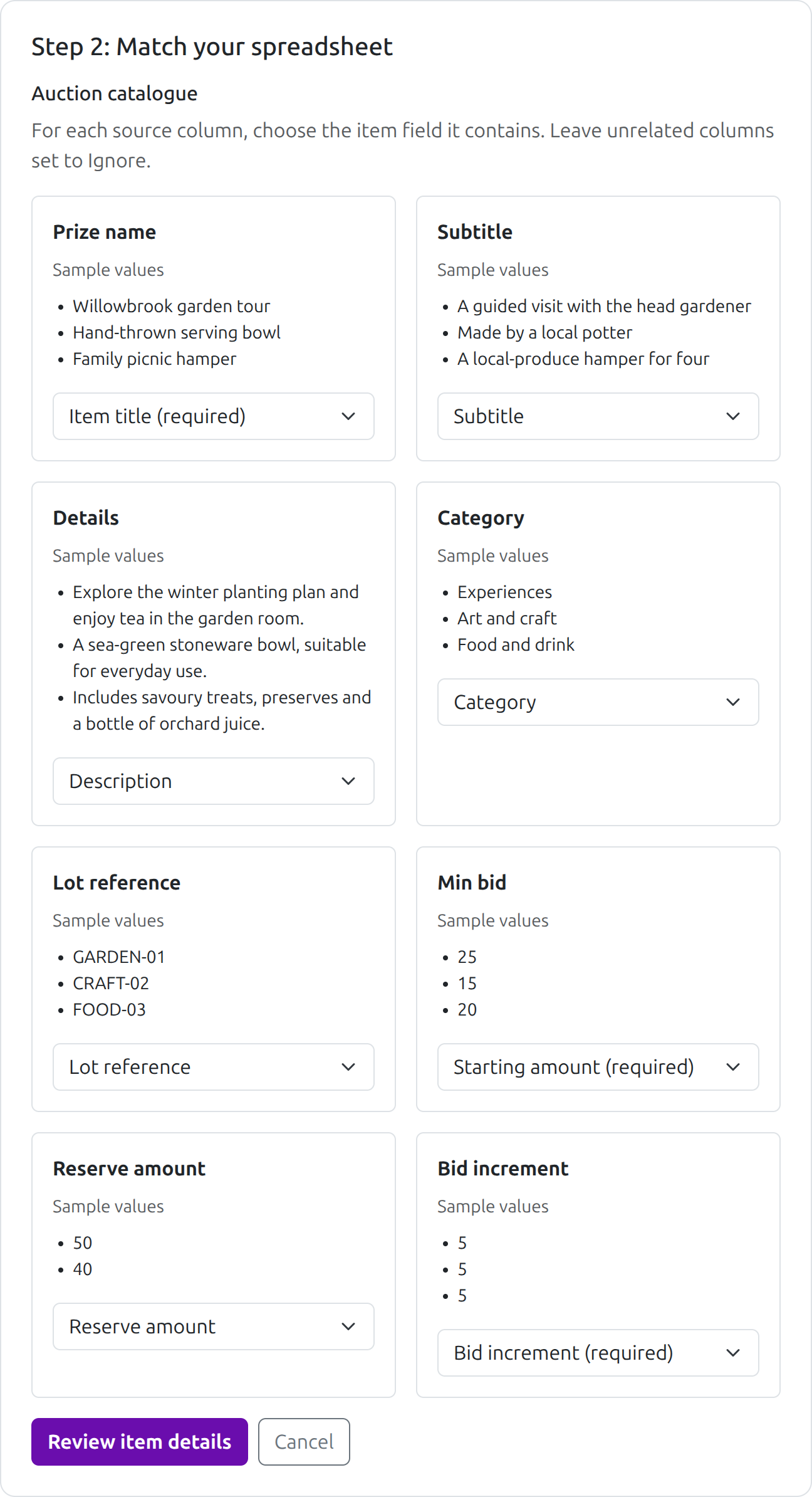 Matching spreadsheet column samples to auction item fields, including Subtitle