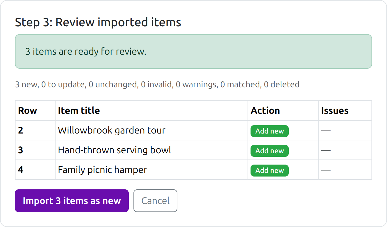 Reviewing spreadsheet row actions and the whole-file import summary before confirmation