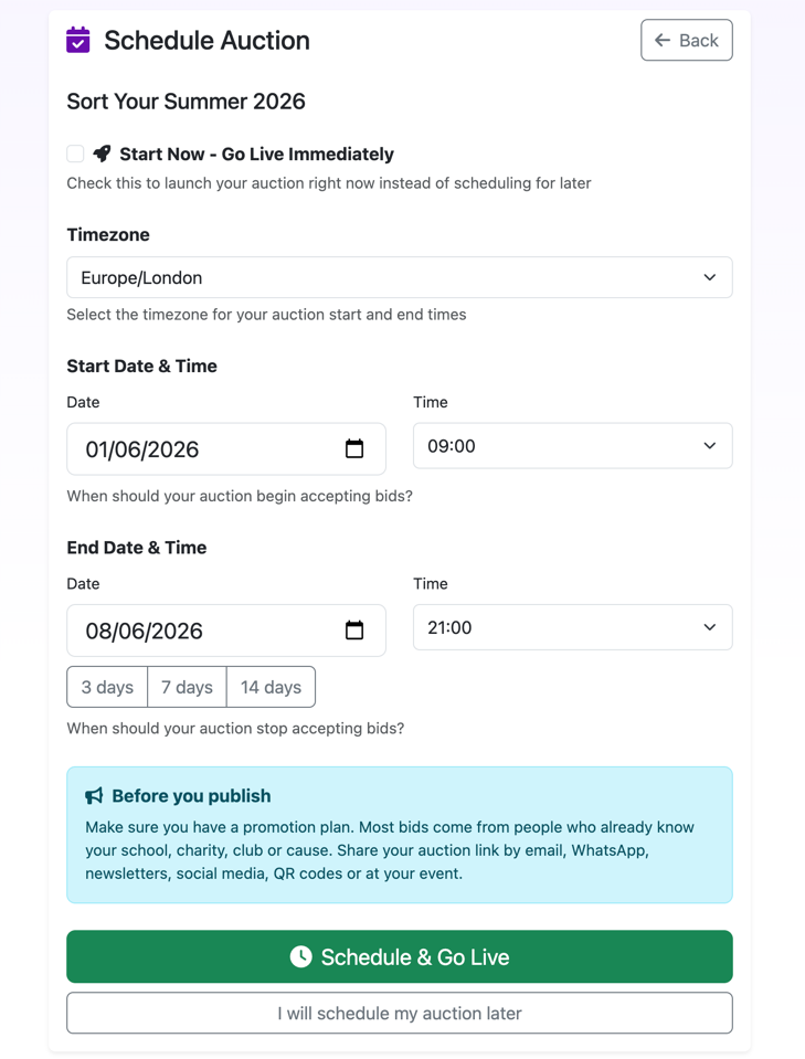 Schedule auction page showing start and end date review before launch