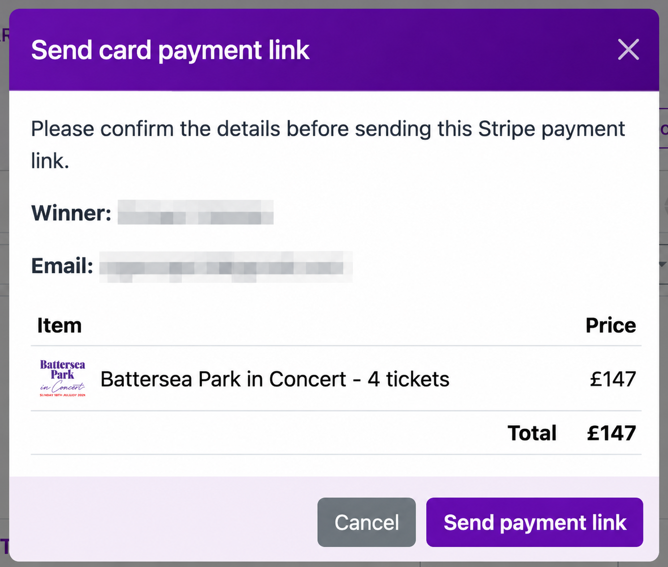 Collect Payments page showing a Stripe card payment link ready to send to a winner