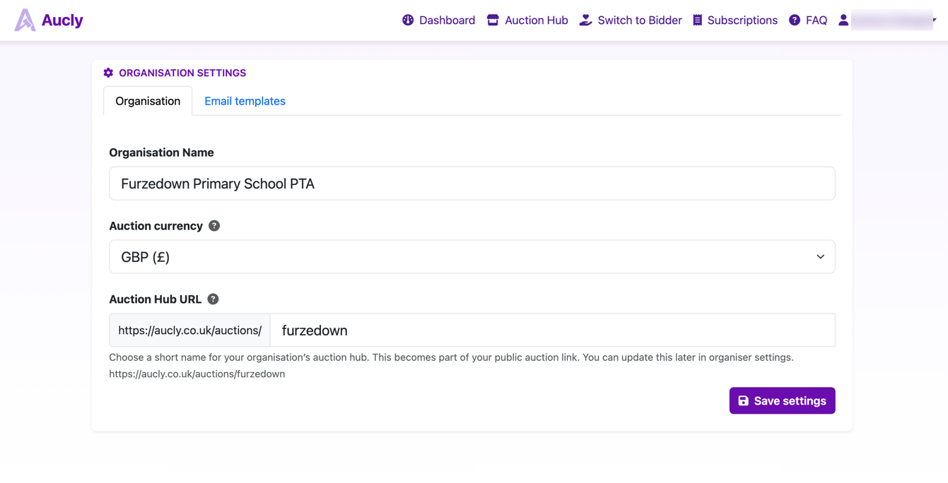 Organisation settings showing the organisation name and Auction Hub URL fields