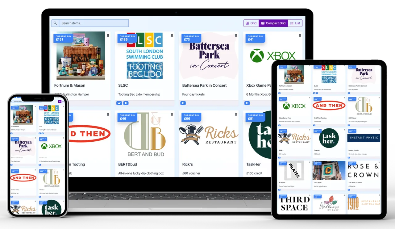 Aucly silent auction software across laptop, tablet and phone