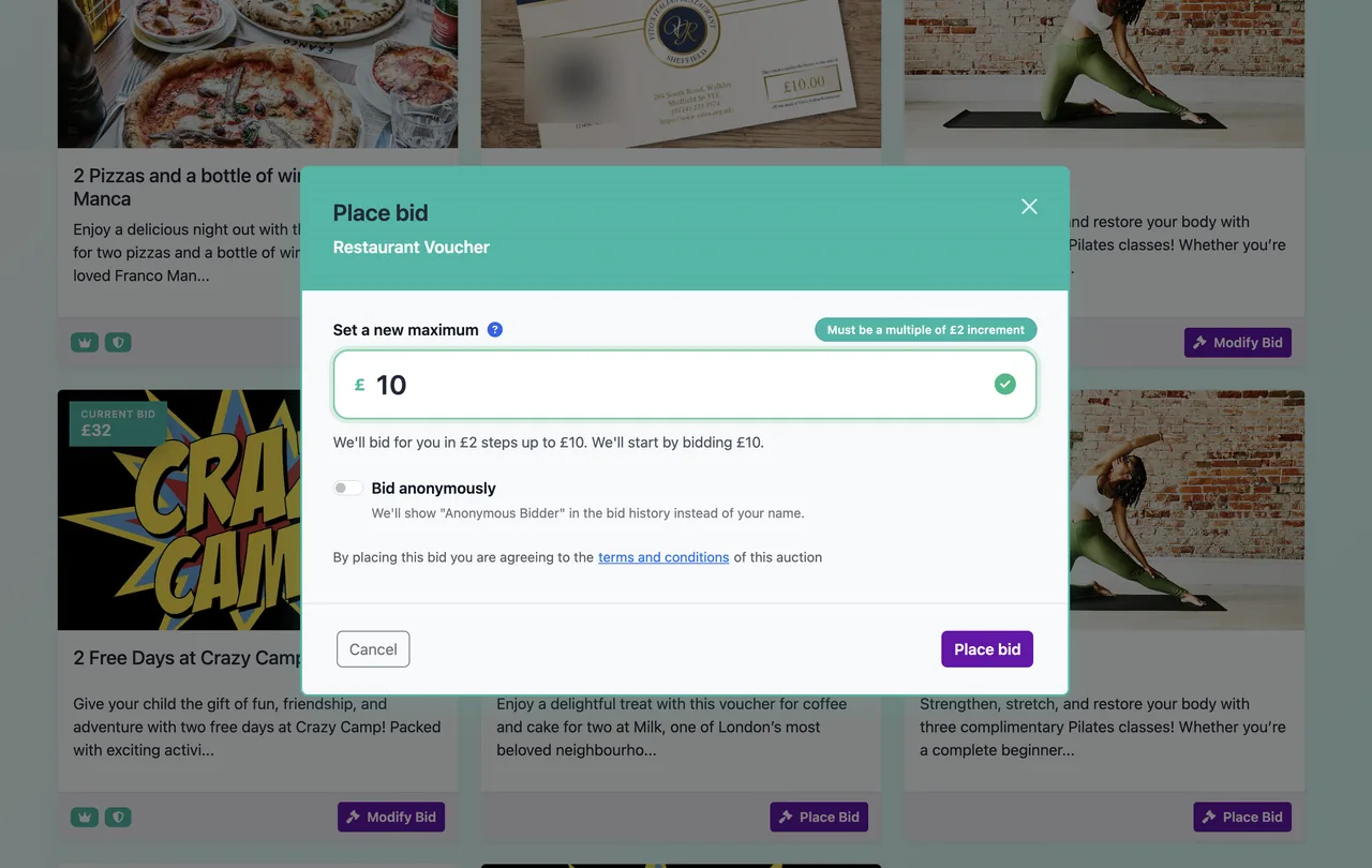 Aucly's Place bid form lets a supporter set a maximum bid