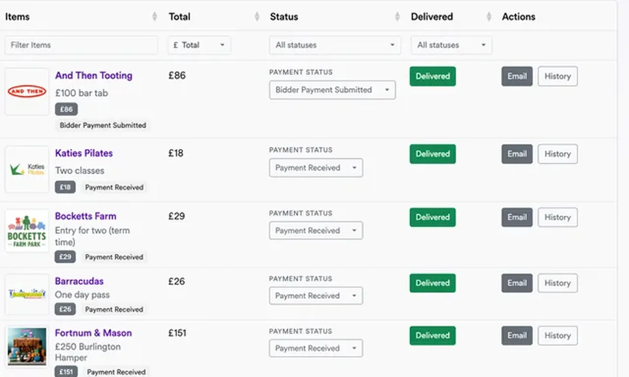 Aucly Collect Payments view showing item totals, payment status and delivery actions