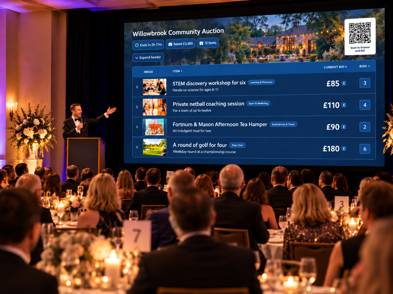 A charity dinner fundraiser using Aucly's online auction alongside the event