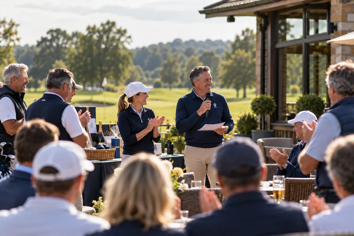 Club members applauding a speaker at an informal golf-club charity gathering