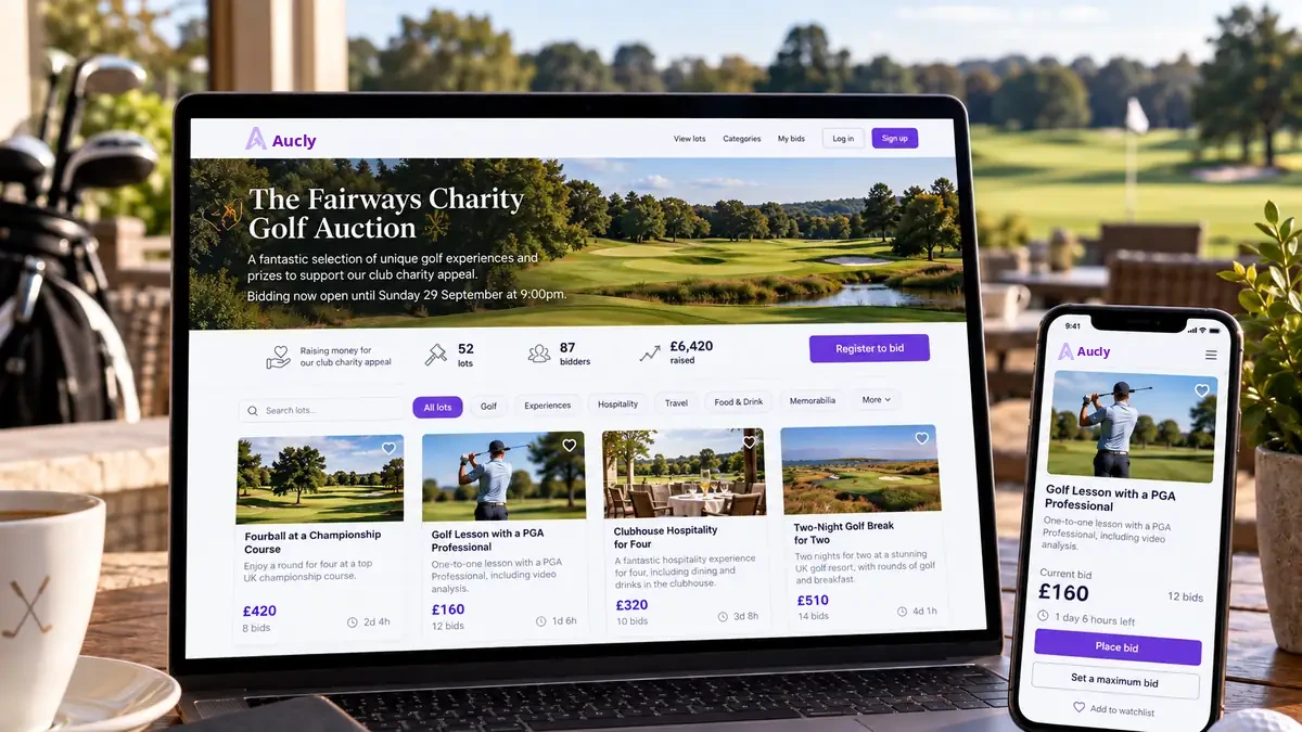 Illustrative Aucly golf auction on laptop and phone with fourball, lesson, clubhouse hospitality and golf-break lots