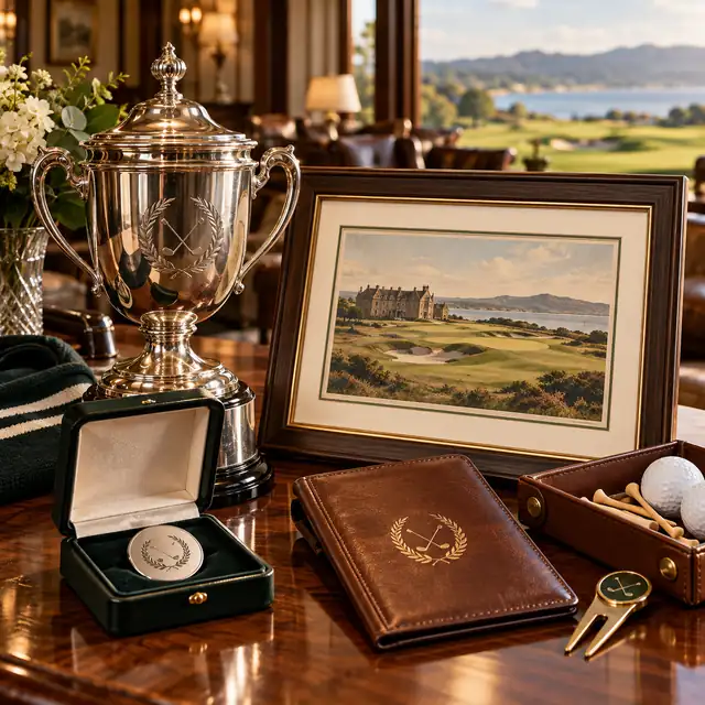 A trophy and framed golf-course photograph with club keepsakes in a clubhouse