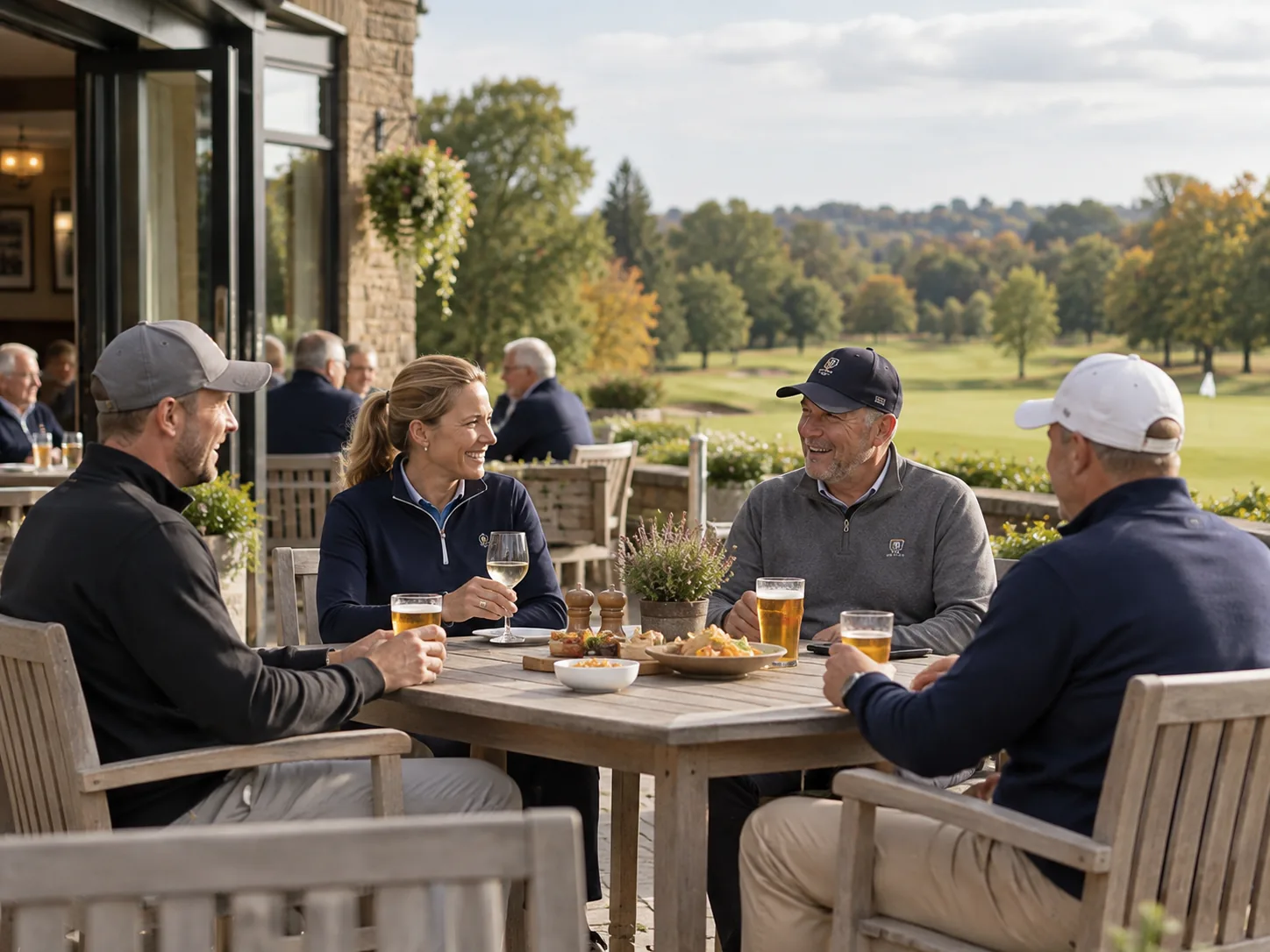 Golf club members enjoying refreshments together on a clubhouse terrace