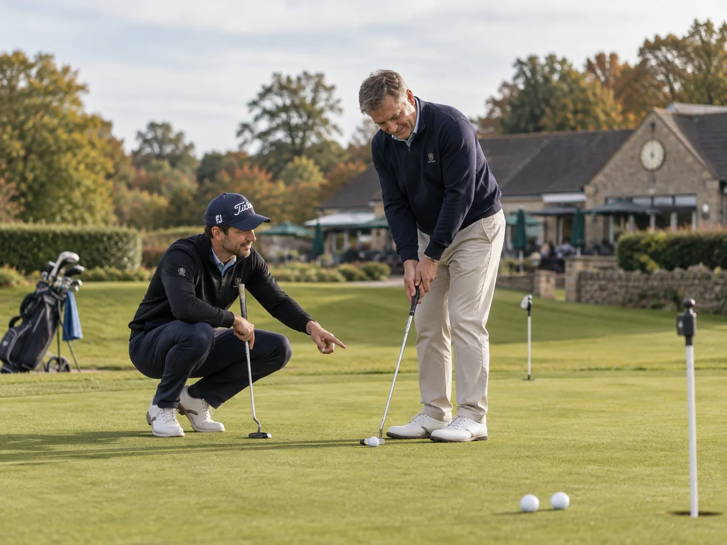 A golf professional helping a player line up a putt on a practice green