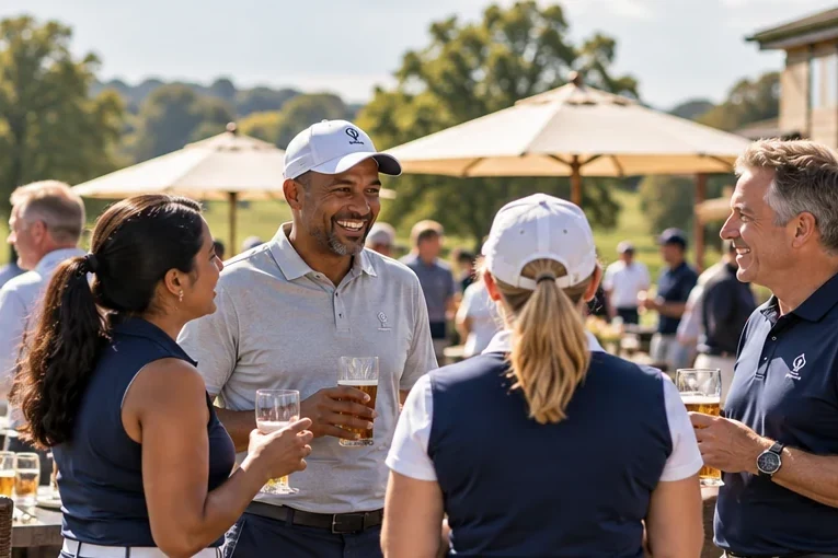 Golf-day guests chatting together outside a golf clubhouse