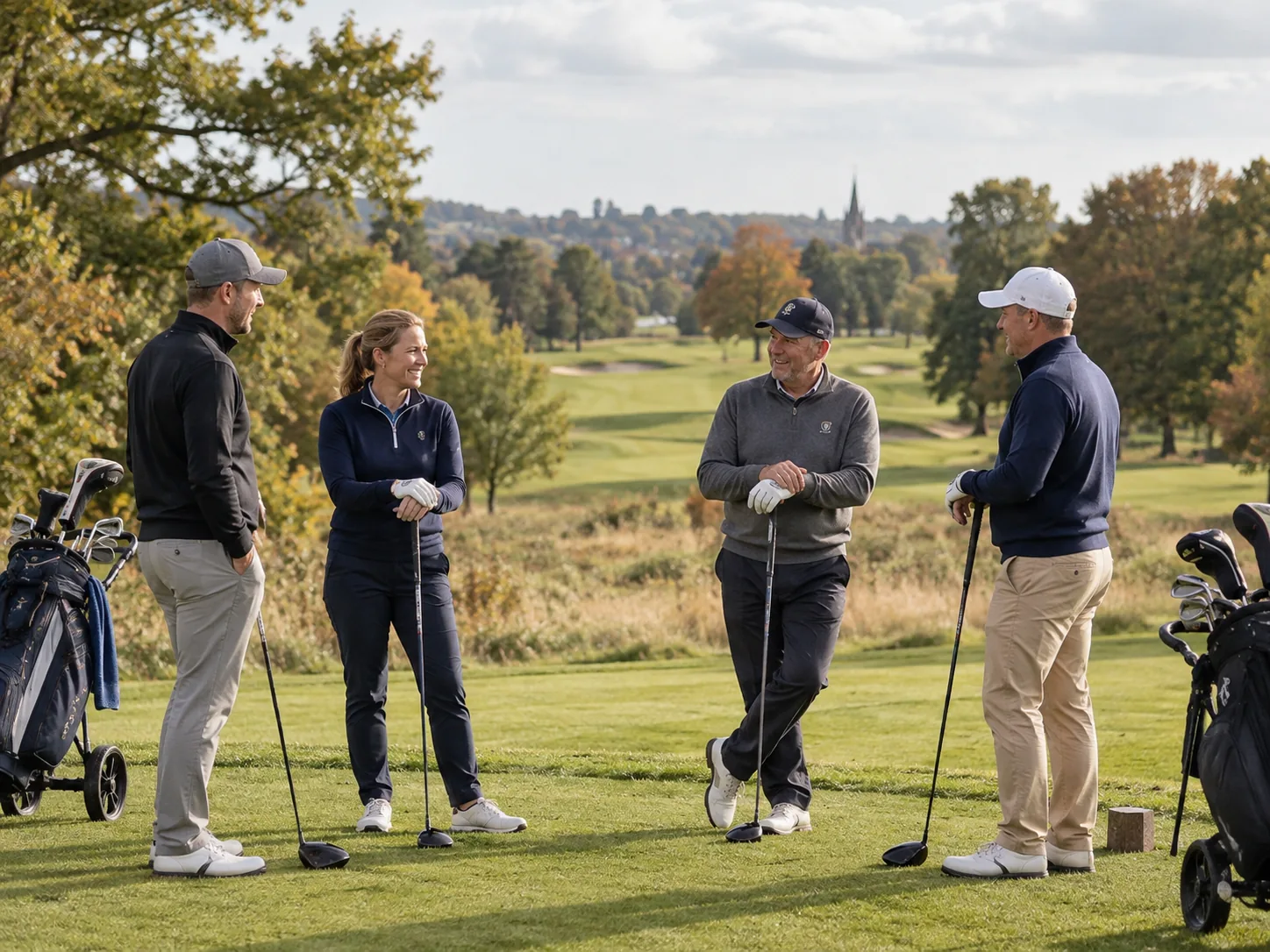 Four golfers chatting together on a British parkland course