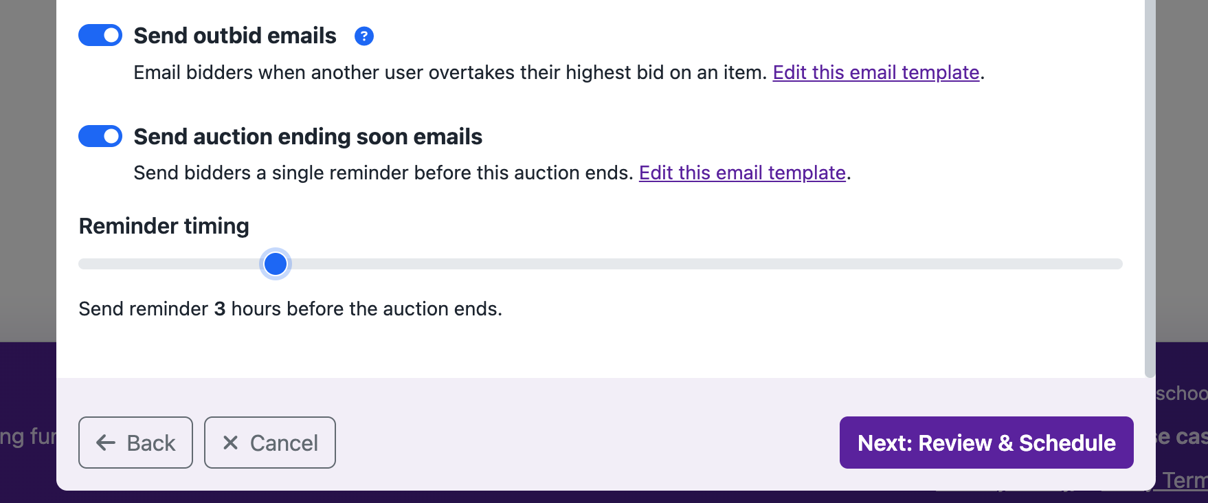 Aucly email reminder configuration.