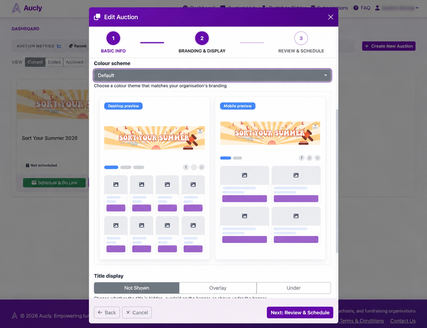 Aucly modal for creating a new auction