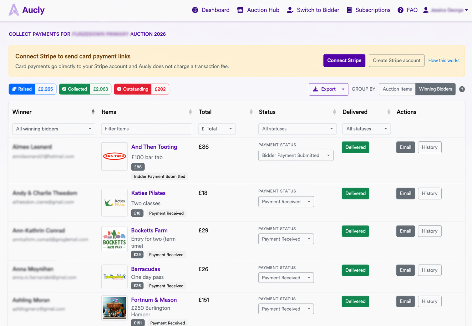 Screenshot of auction payment collection and fundraising metrics in Aucly