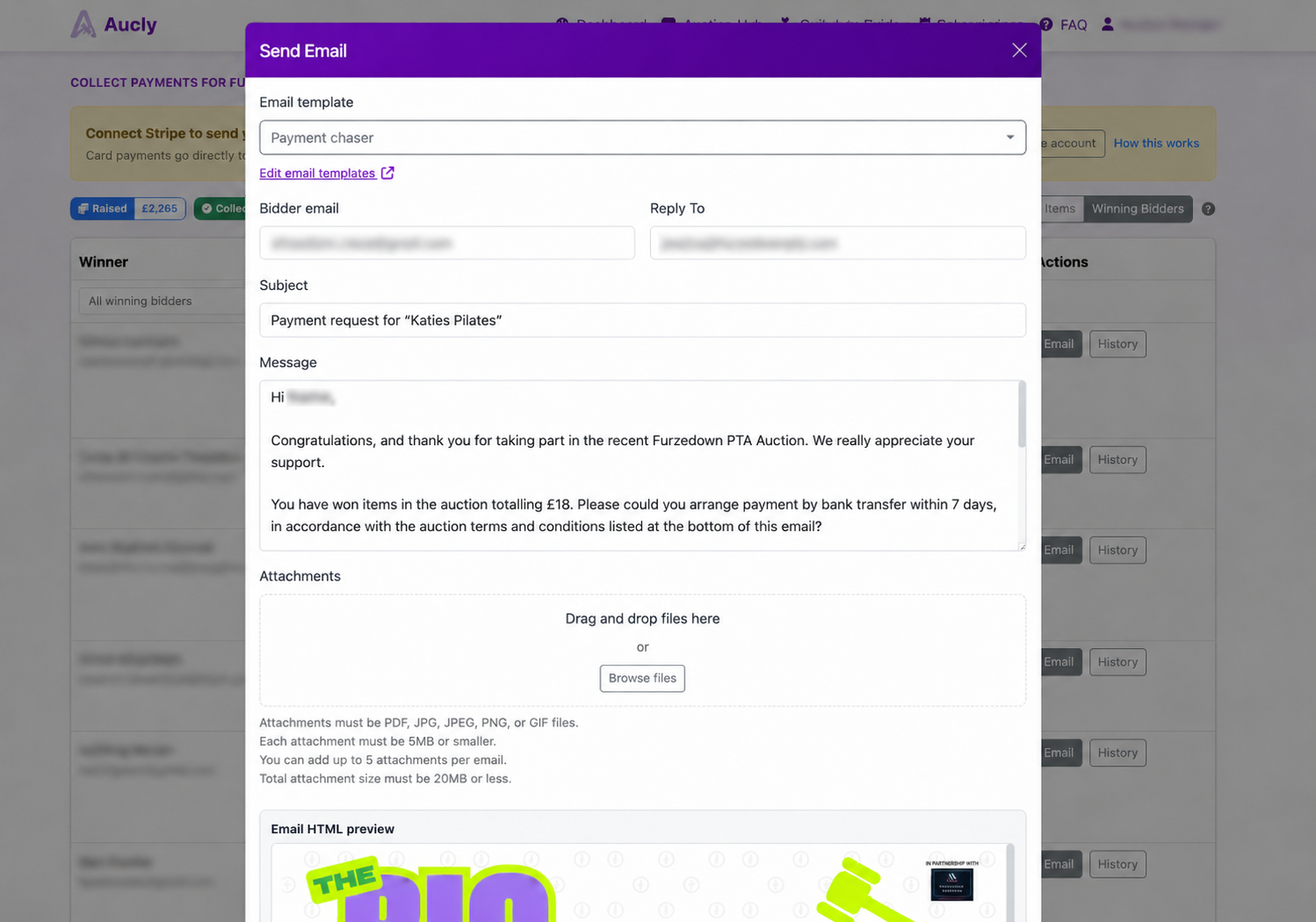 Aucly organiser payment details screen for tracking winners and follow-up
