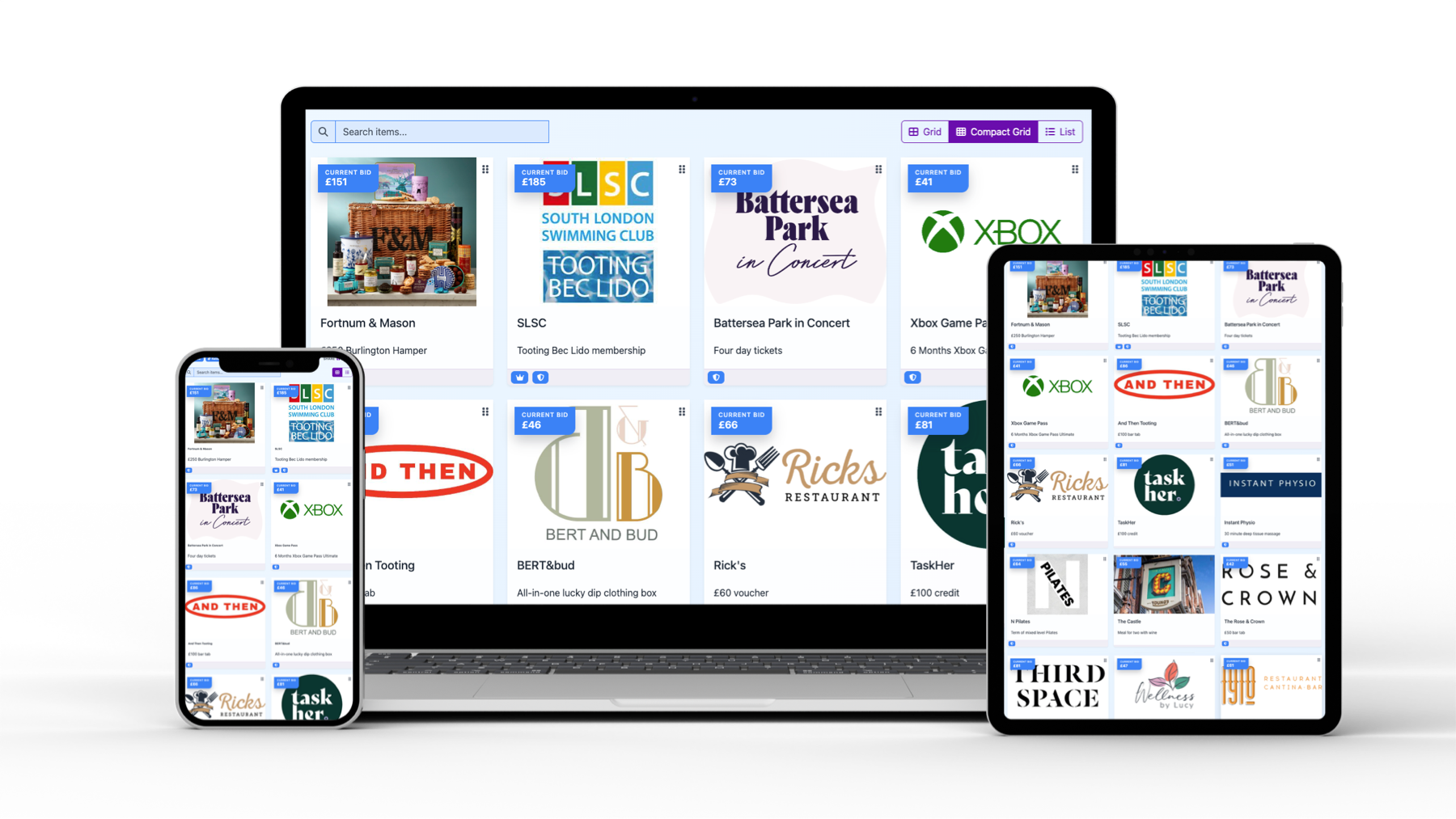 Aucly auction screens on laptop and phone