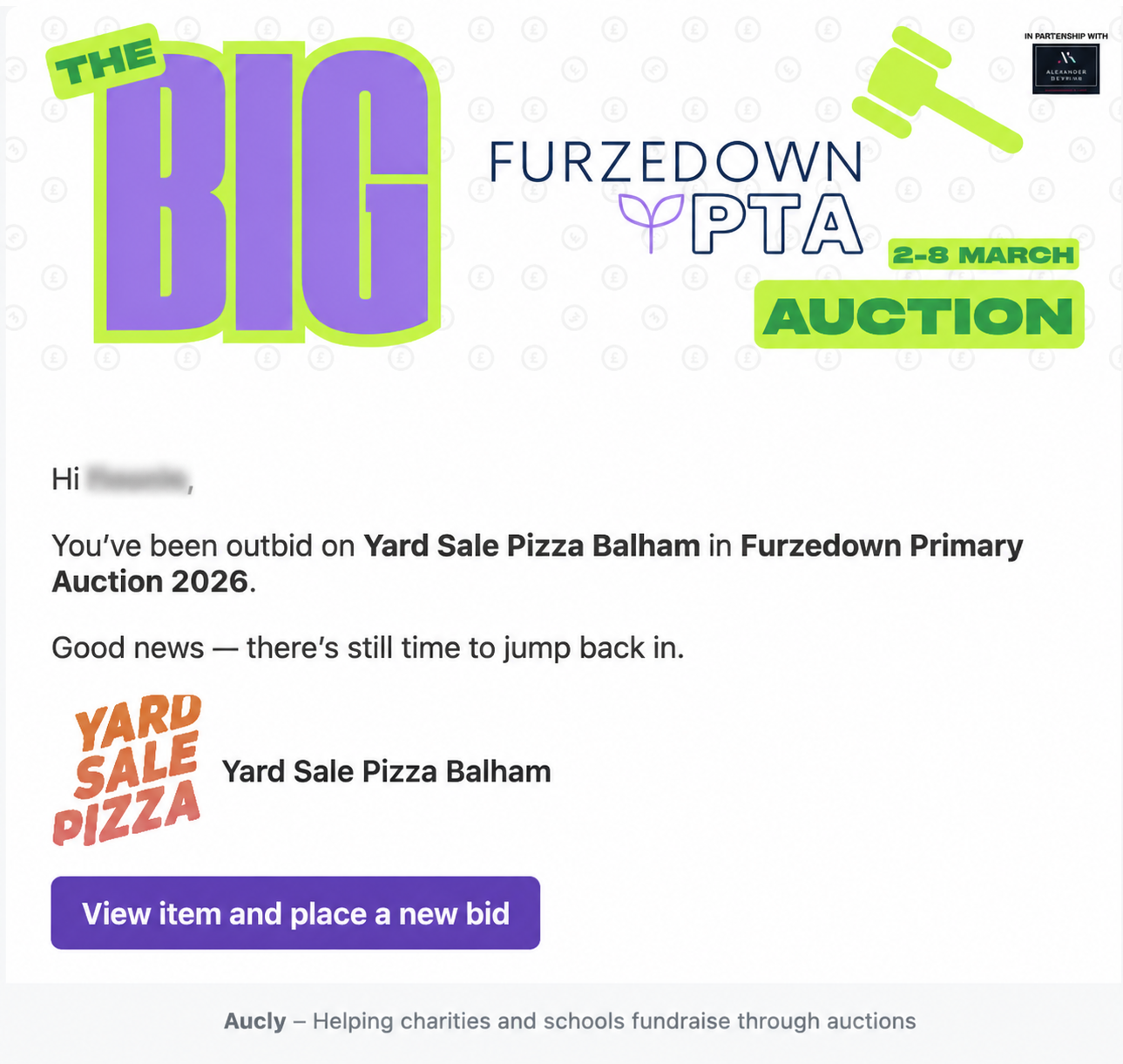 Aucly outbid notification email.