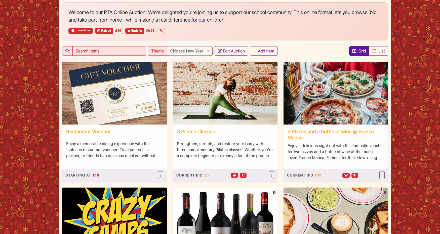 Screenshot of an auction with a Chinese New Year theme in Aucly