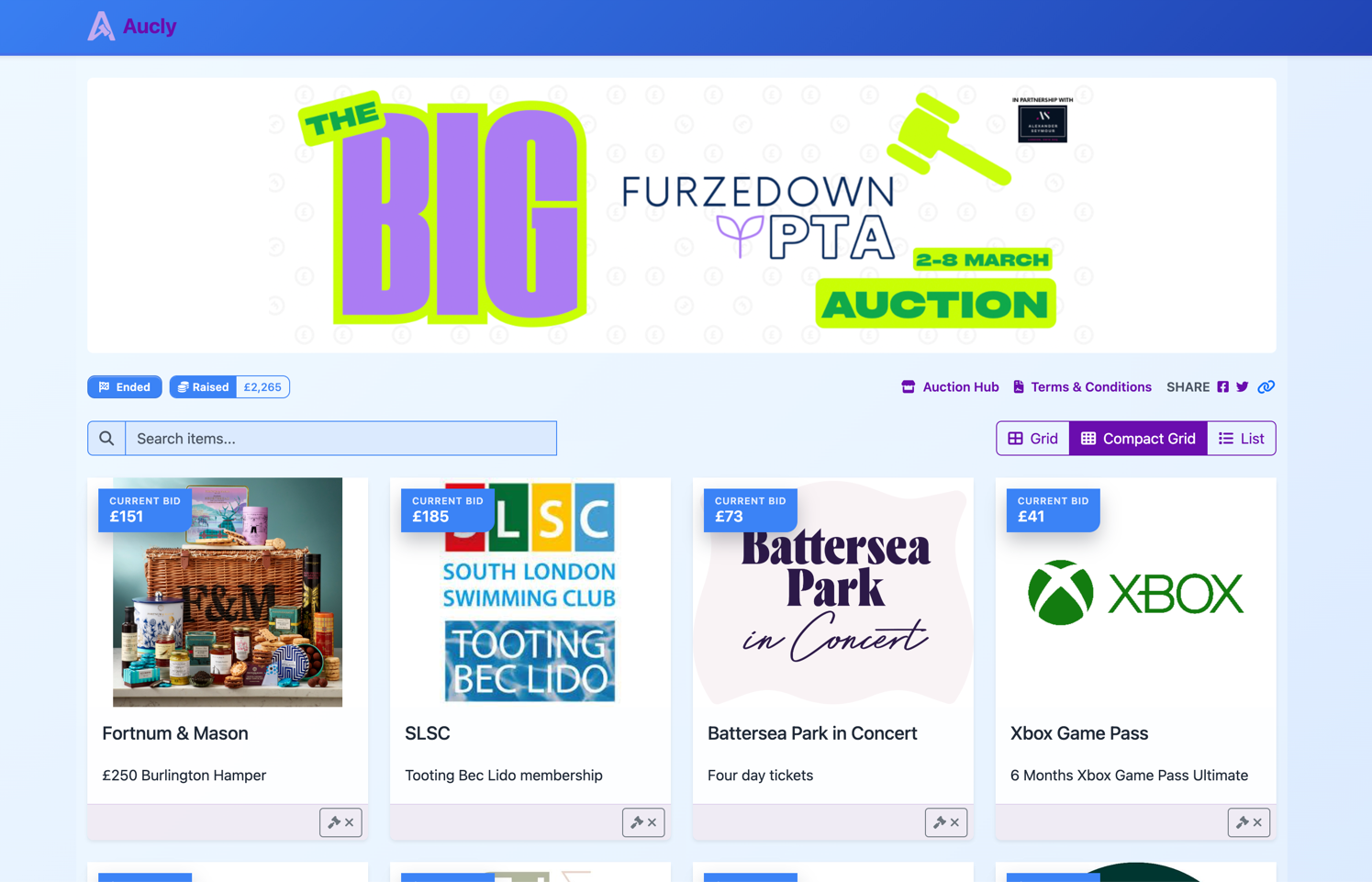 Aucly auction summary showing total raised, number of lots, bidders and bids